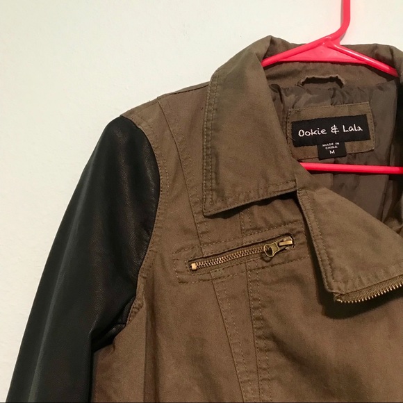 Olive Moto Jacket With Vegan Leather Sleeves - Picture 4 of 8